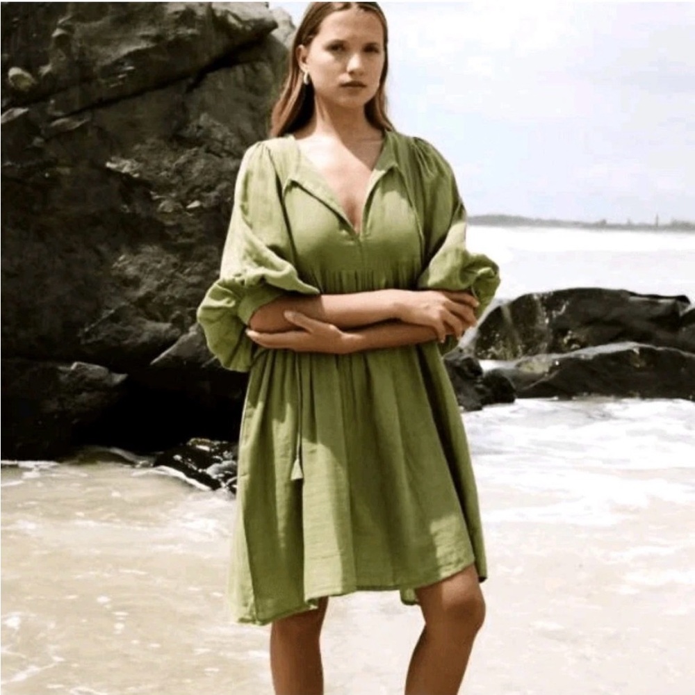 Daughters of India Olive Green Mini Dress with Puff Sleeves